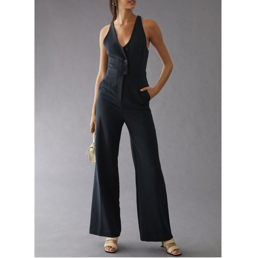 Anthropologie Maeve Deep-V Jumpsuit Black - Size 14